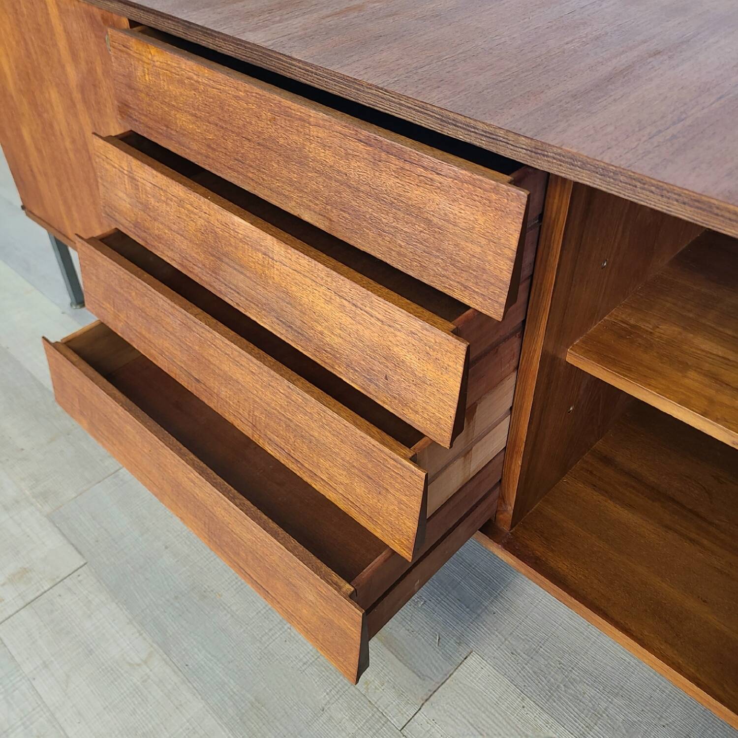 Modernist teak enfilade vintage 1960s design by Louis Paolozzi.