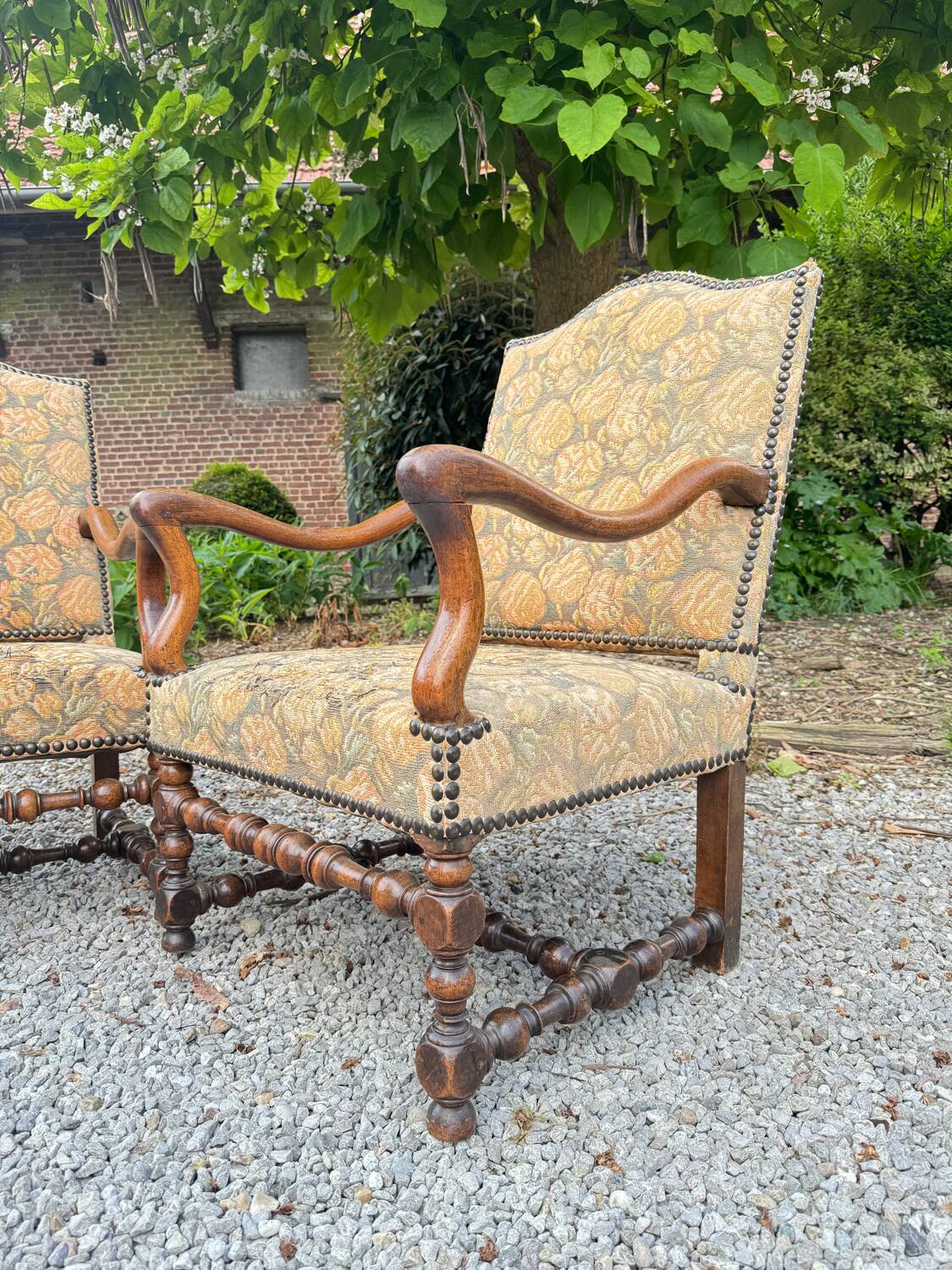 Pair of louis xiv period walnut armchairs, 17th century