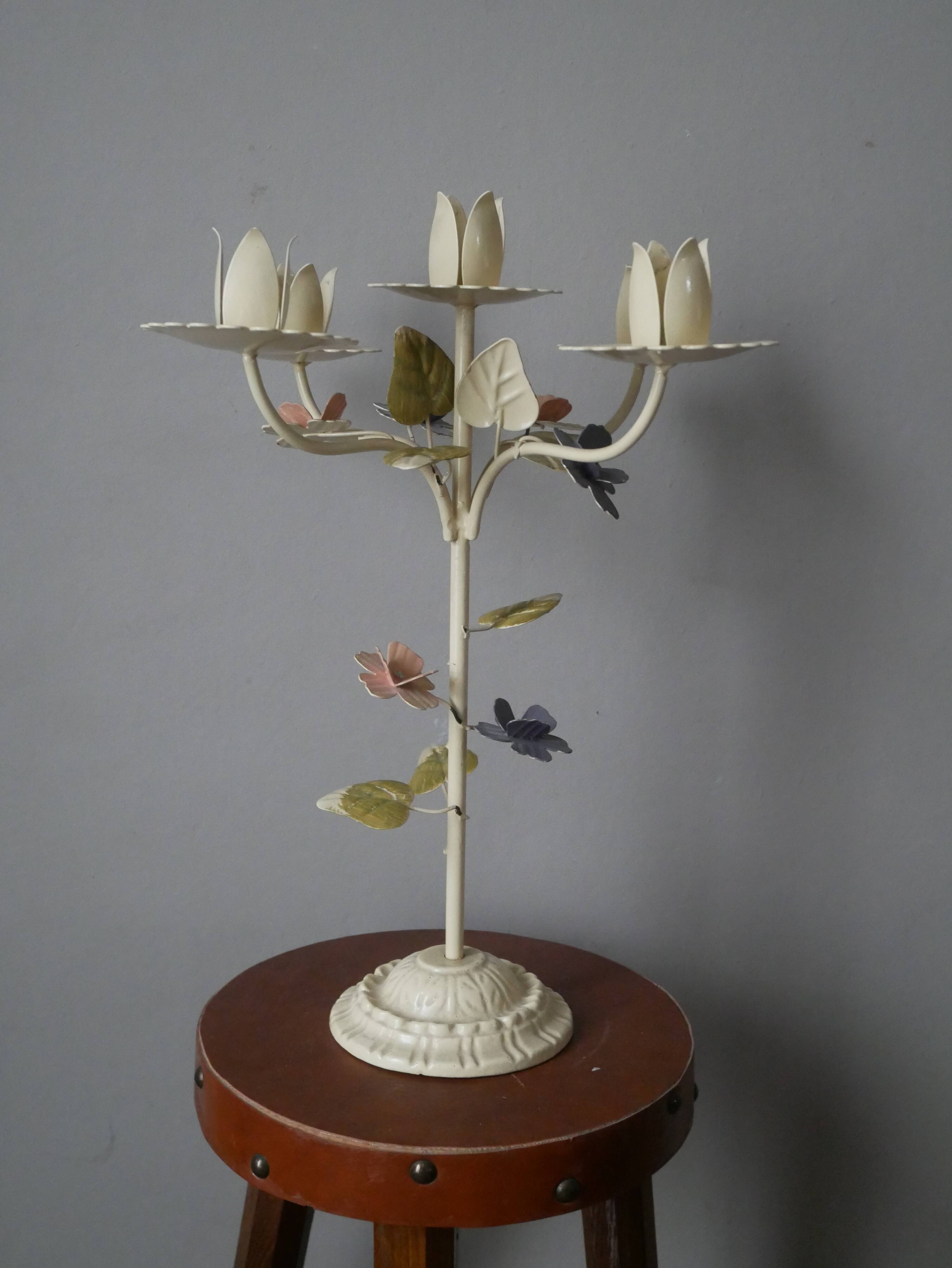 Retro Kitsch Painted Metal Candlestick Candelabra Candle Holder 5 Branches