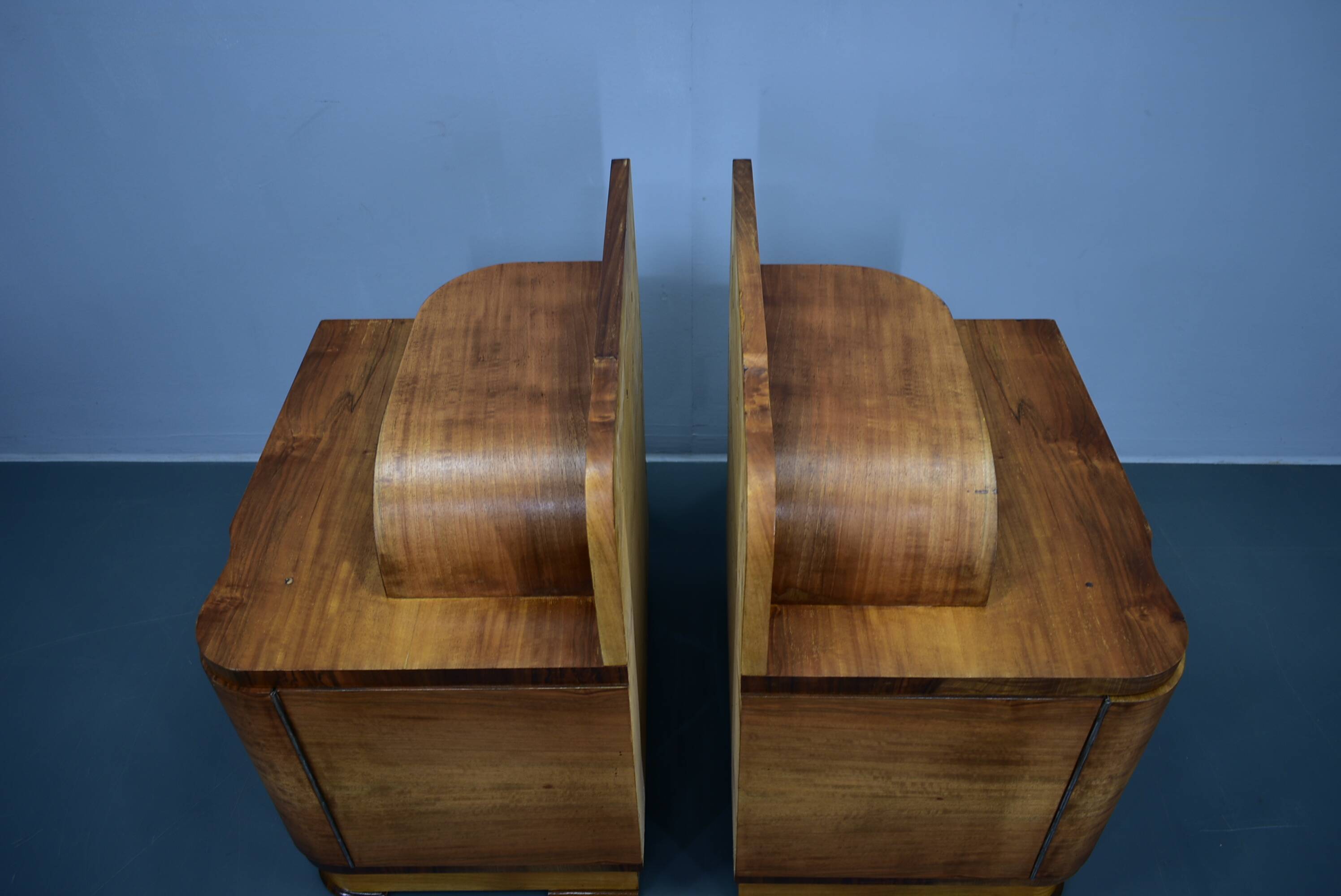 1930s Art Deco nightstands in walnut finish, Czechoslovakia