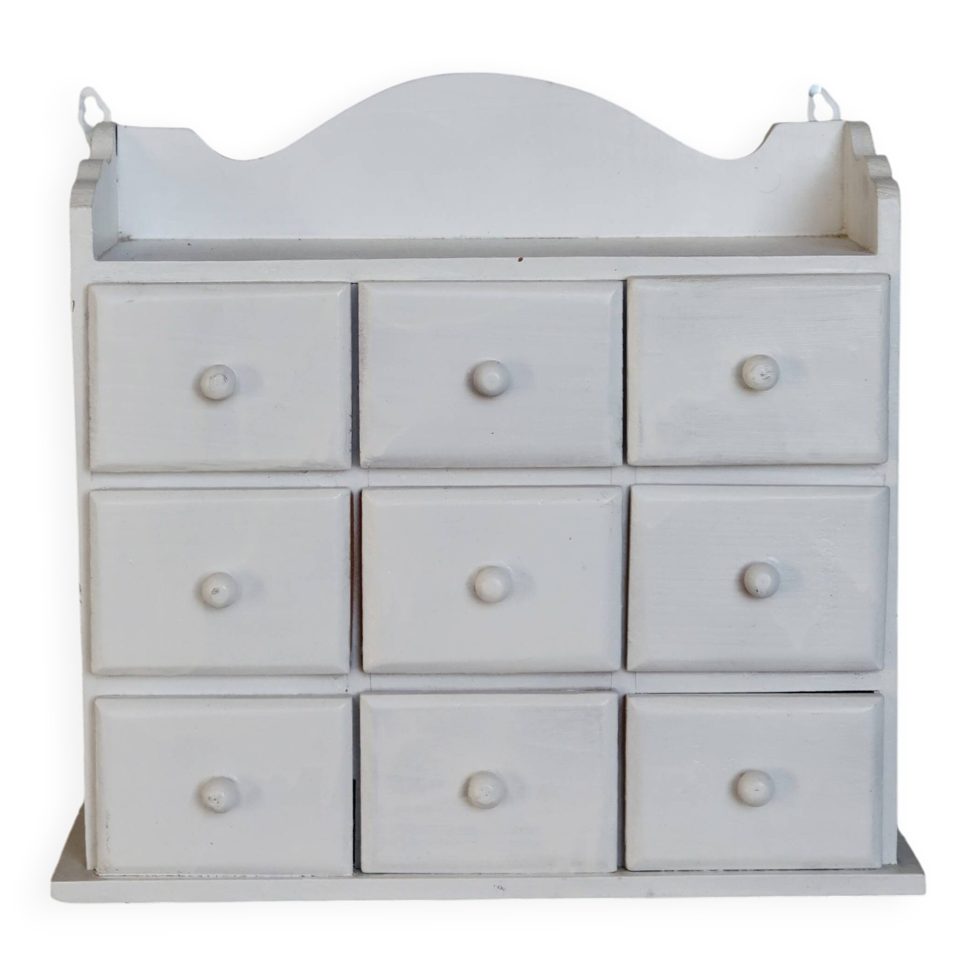 Vintage wall shelf in white wood (pine) with 9 drawers