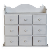 Vintage wall shelf in white wood (pine) with 9 drawers