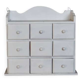 Étagère murale vintage bois blanc (pin) 9 tiroirs