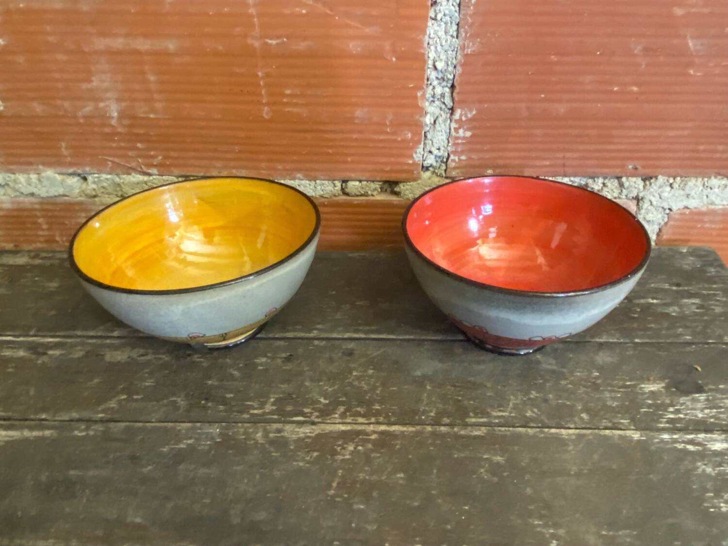 Pair of Antique Bowls Pottery Arlequin Rustrel Chiseled Ceramic + Enamel