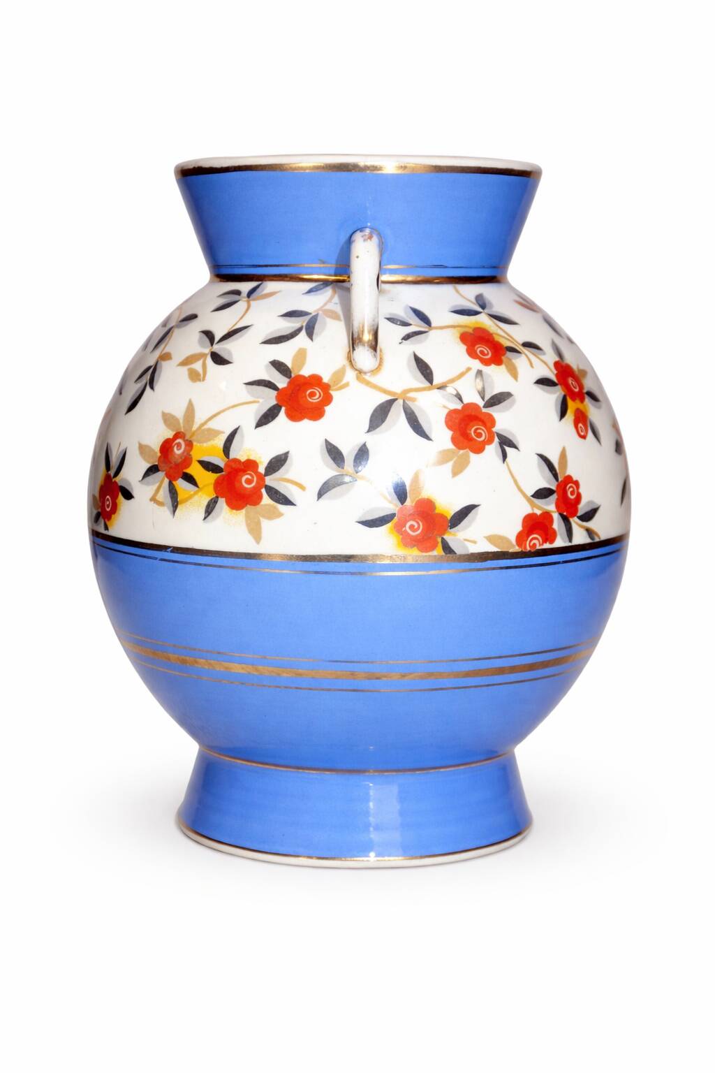 Art Deco round vase by Boch Frères Keramis, red flowers and blue bands.