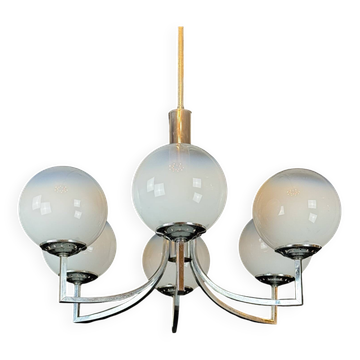Six arms chandelier in murano glass spheres and chrome. Italy 1960s