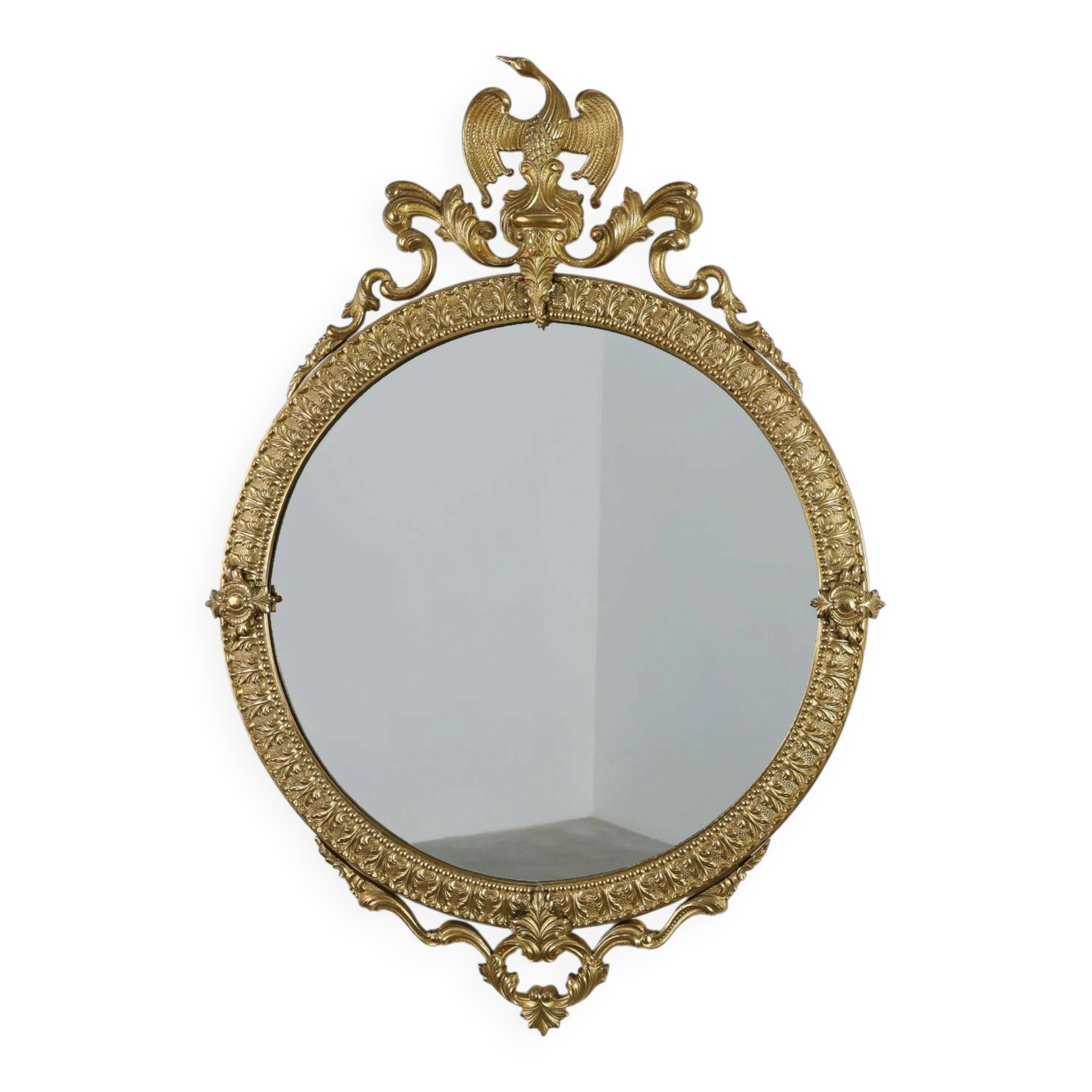 Miroir rond néoclassique français en finition cuivre, 20e siècle