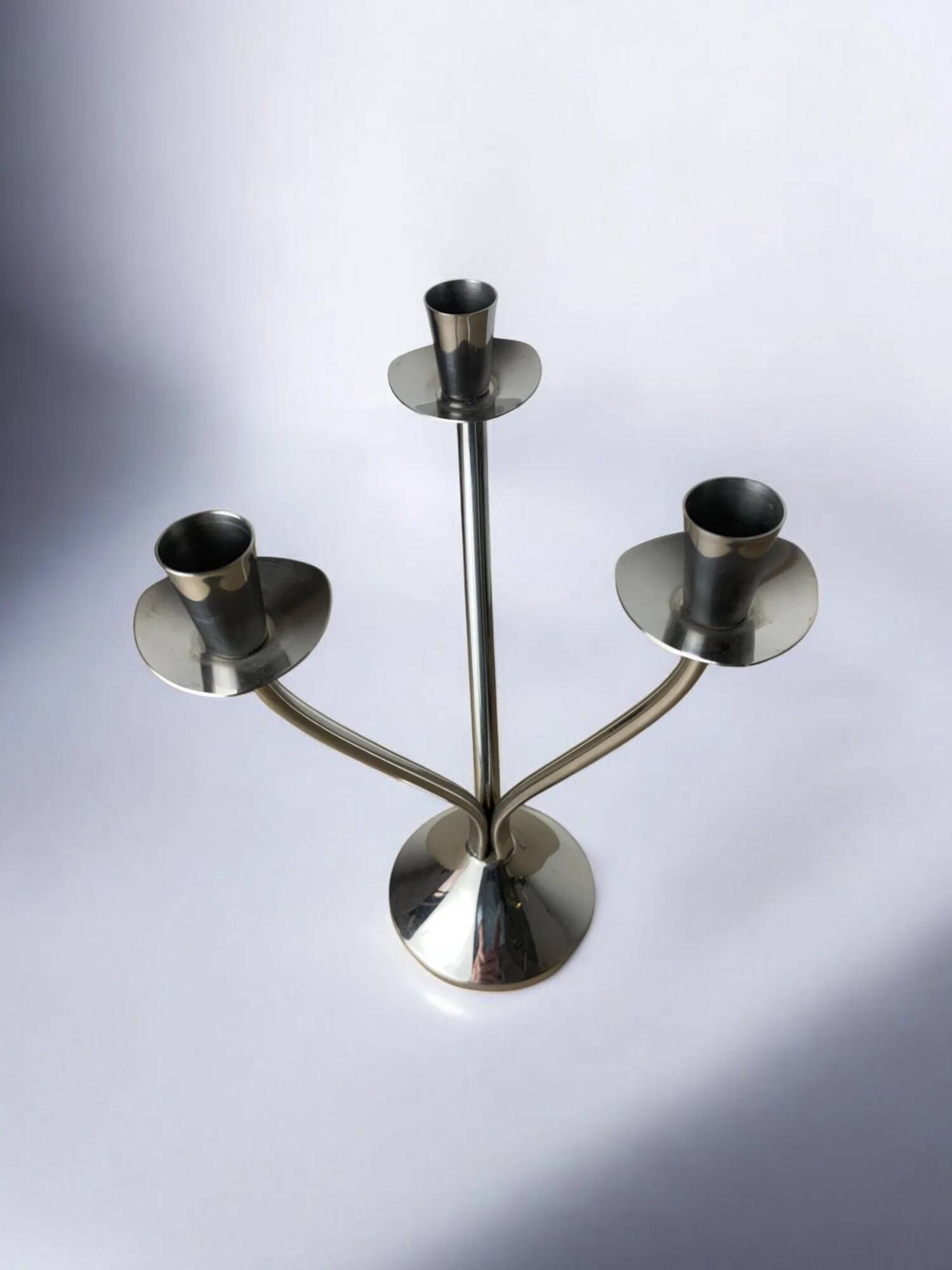 Art deco candlestick in stainless steel 3 flames, Spain, circa 1970