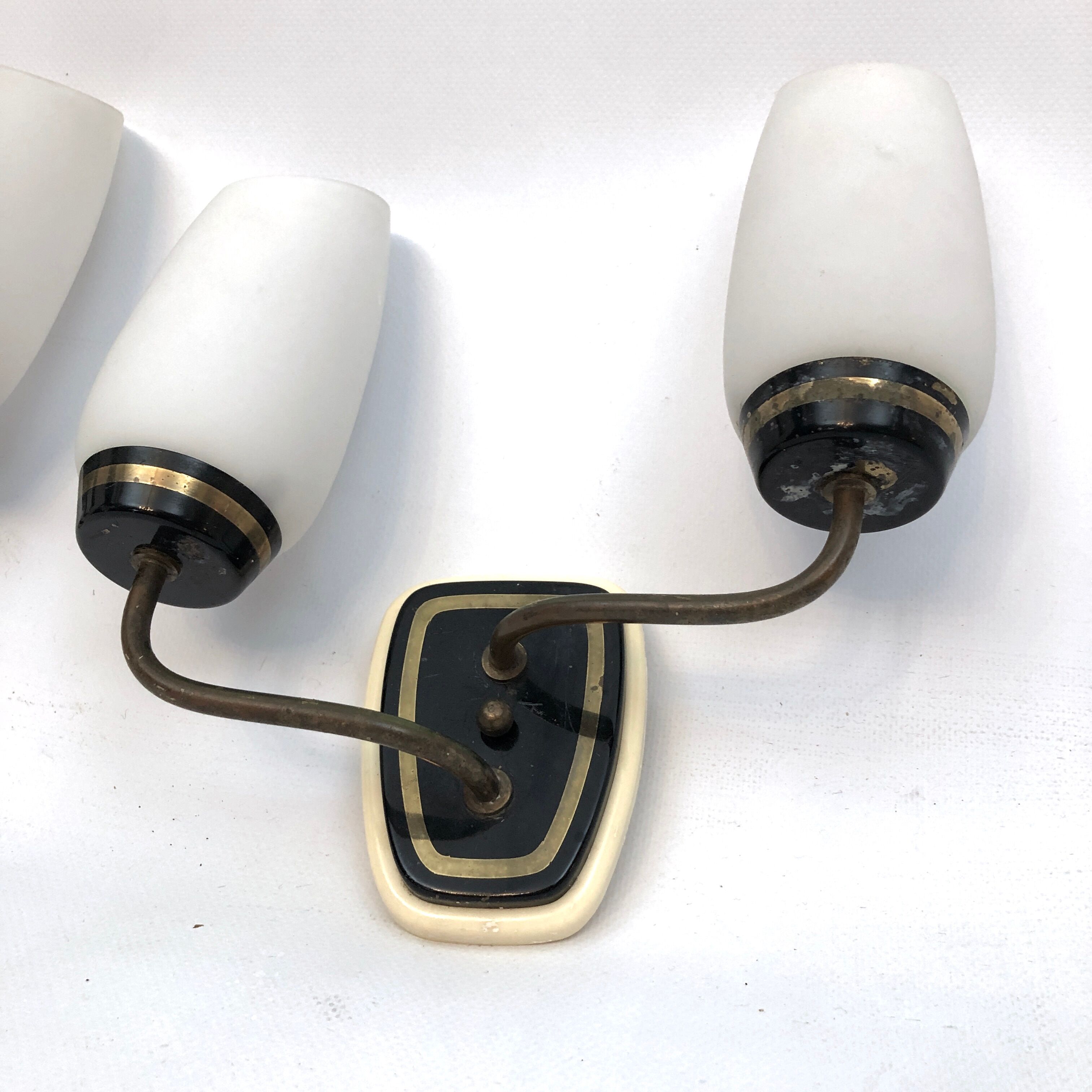 Mid-century Italian brass and opaline glass sconces. Set of two