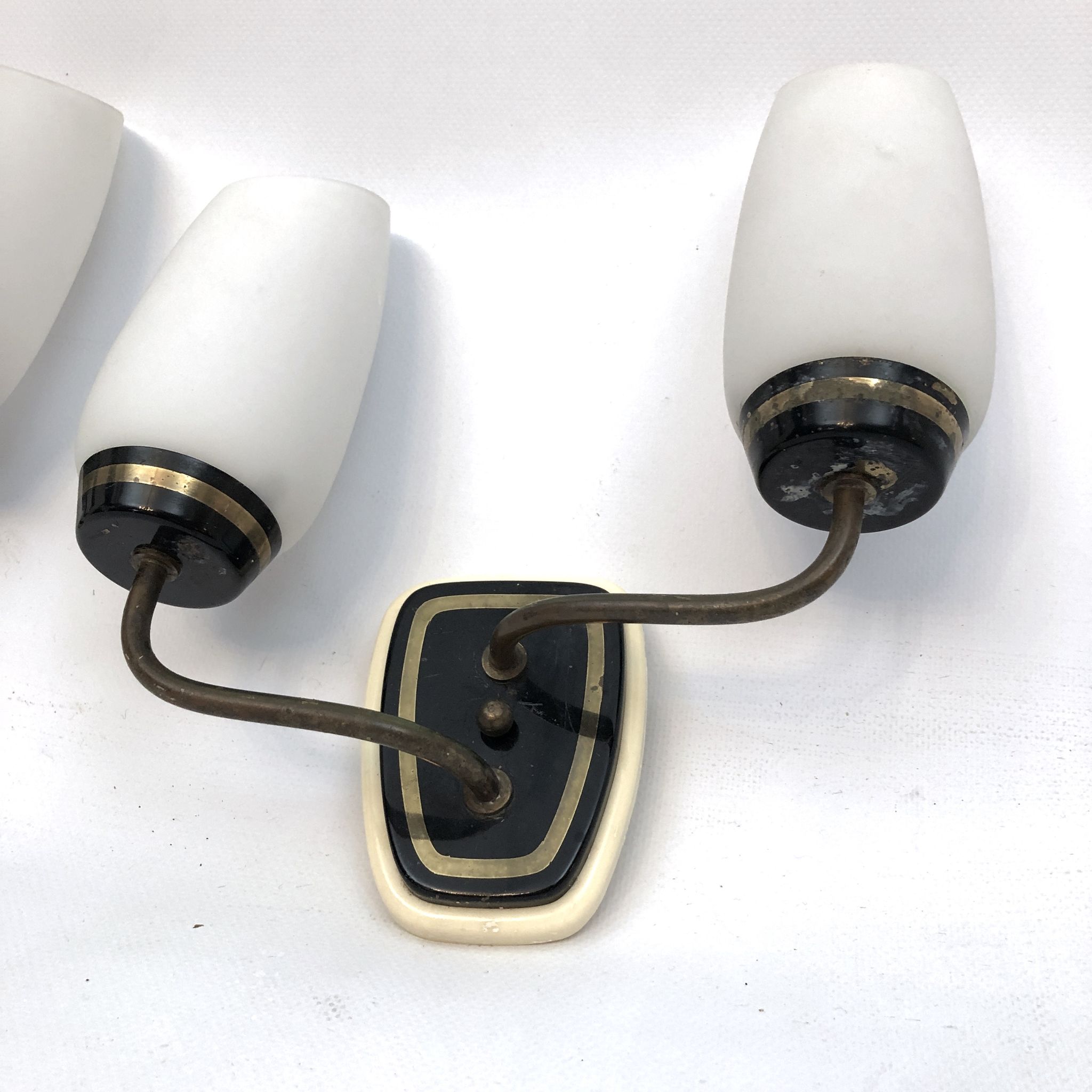Mid-century Italian brass and opaline glass sconces. Set of two