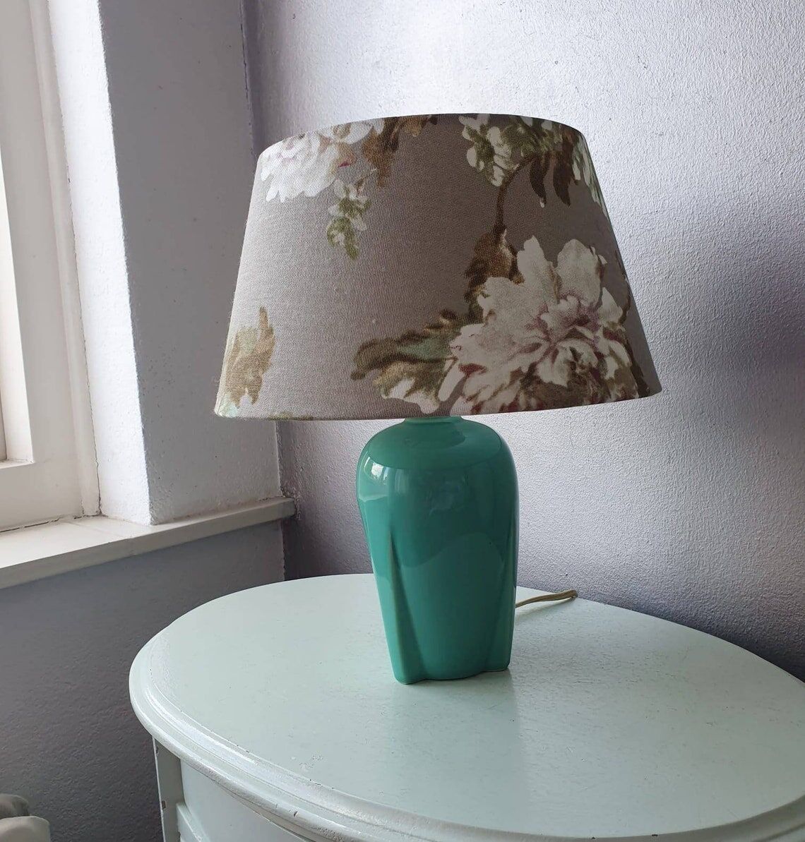 Vintage ceramic table lamp with 80s fabric lampshade
