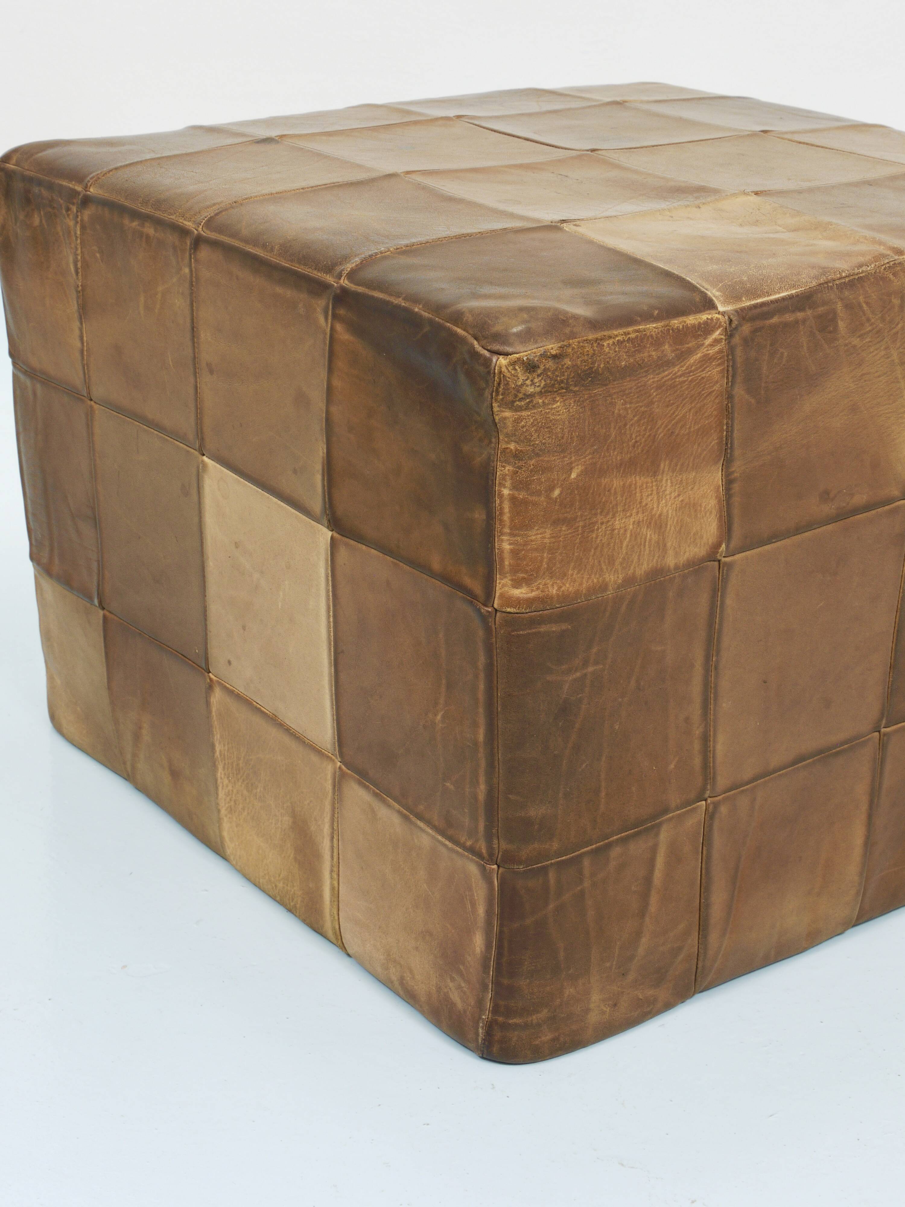 De Sede Patchwork Leather Cube Stool, Pouf, Ottoman, Switzerland, 1970s