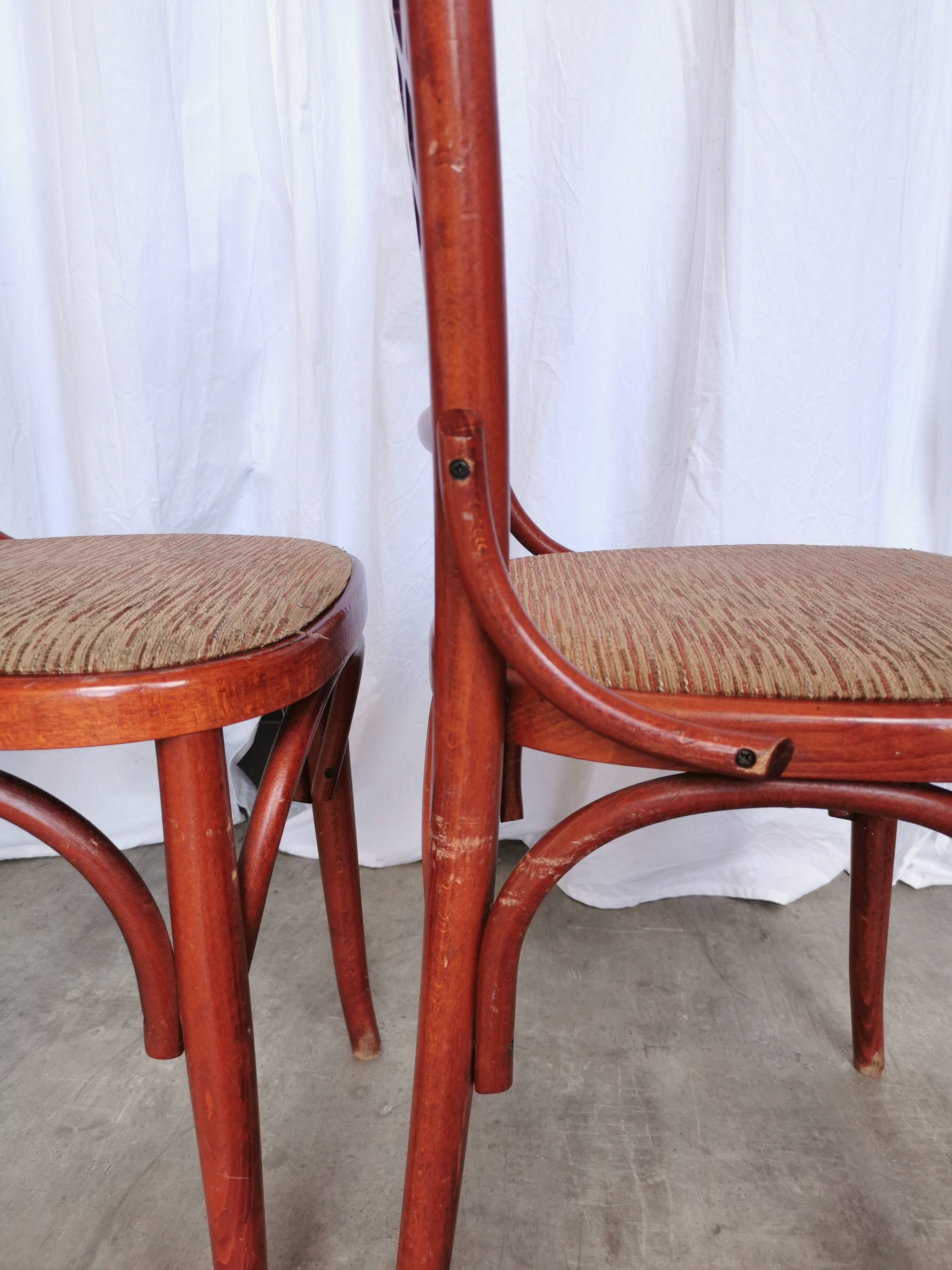 Vintage Italian Bistro Chairs - 1980s Reddish Wood, Brown Fabric - Set of 4