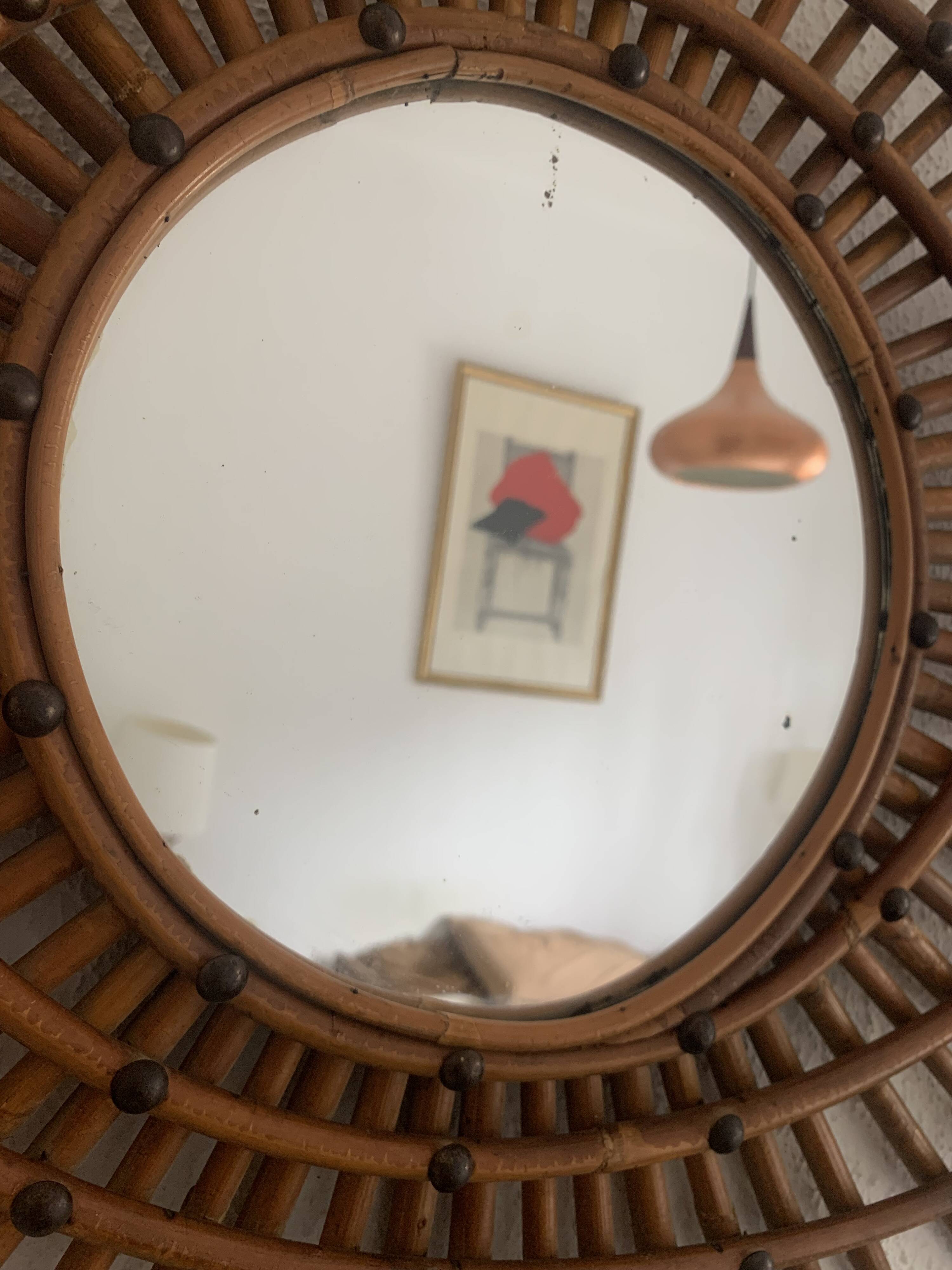 Vintage 1960s rattan sun mirror spiral - 80 x 62 cm