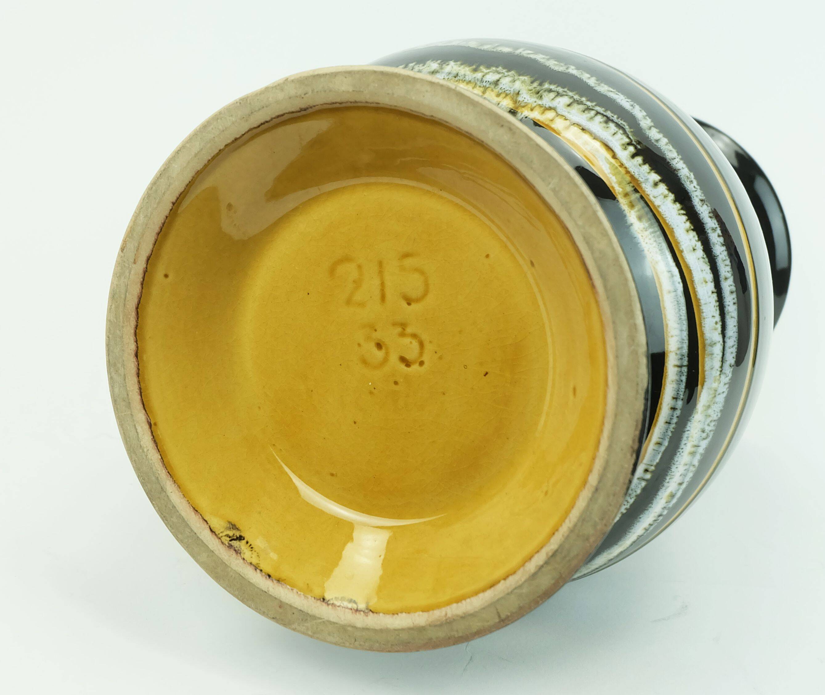 Vase ouest-allemand des années 1950, modèle scheurich 215-33, décor à rayures, fond noir