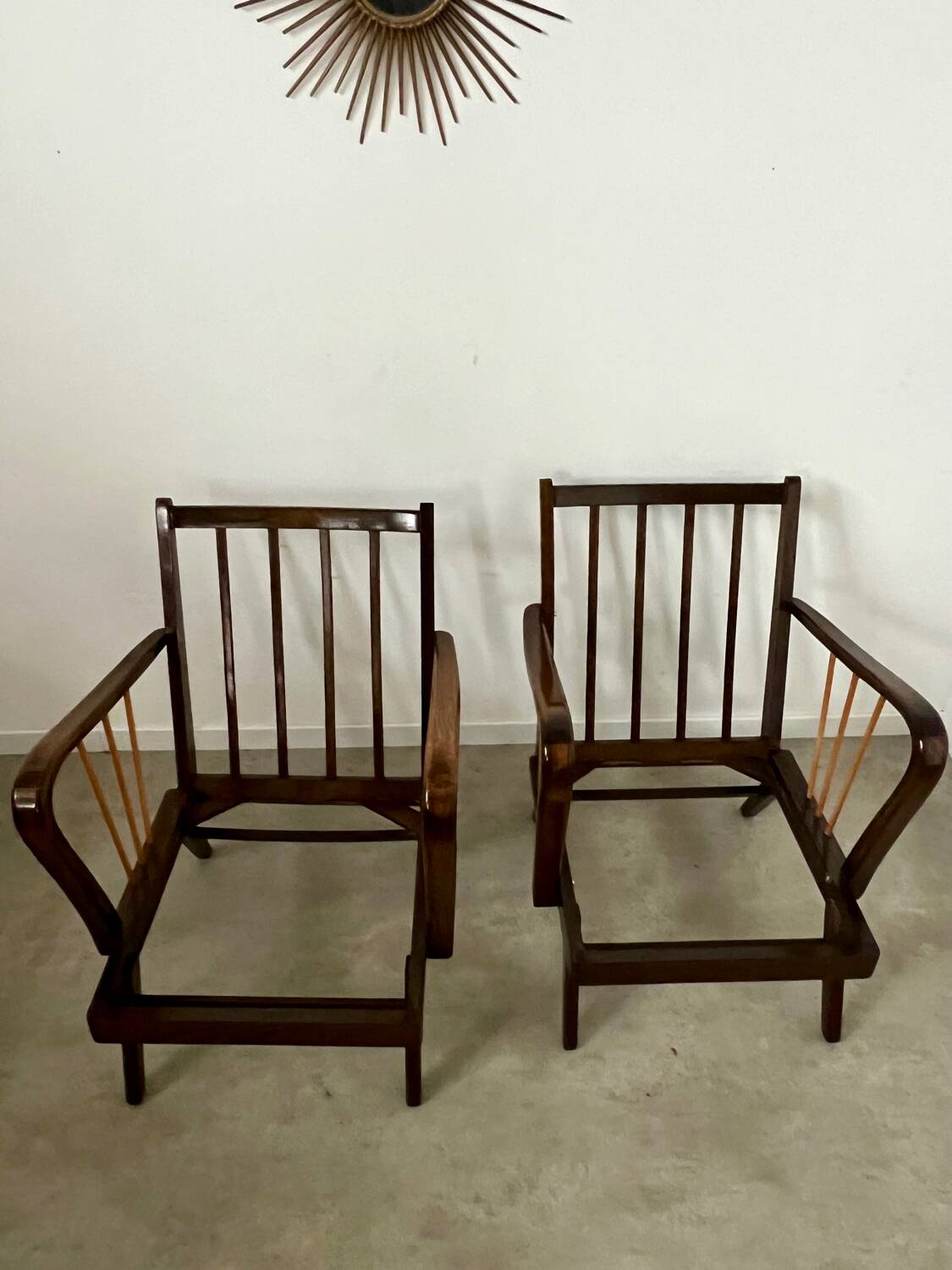 Set 2 old designer fireside chairs from the 50s wood and vintage fabric