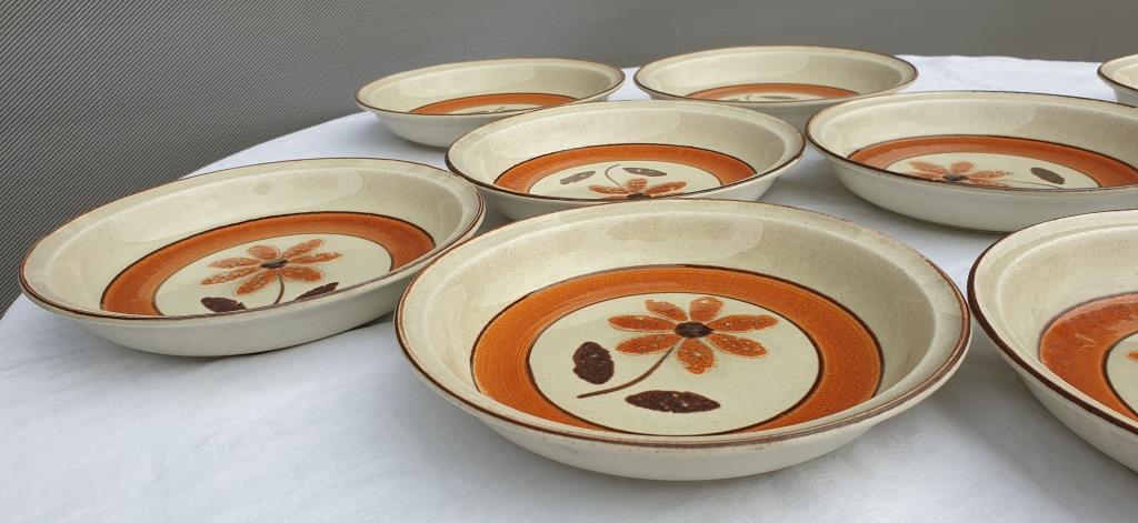 Set 11 plates 1970 Revernay Sarreguemines orange and brown on sandstone background