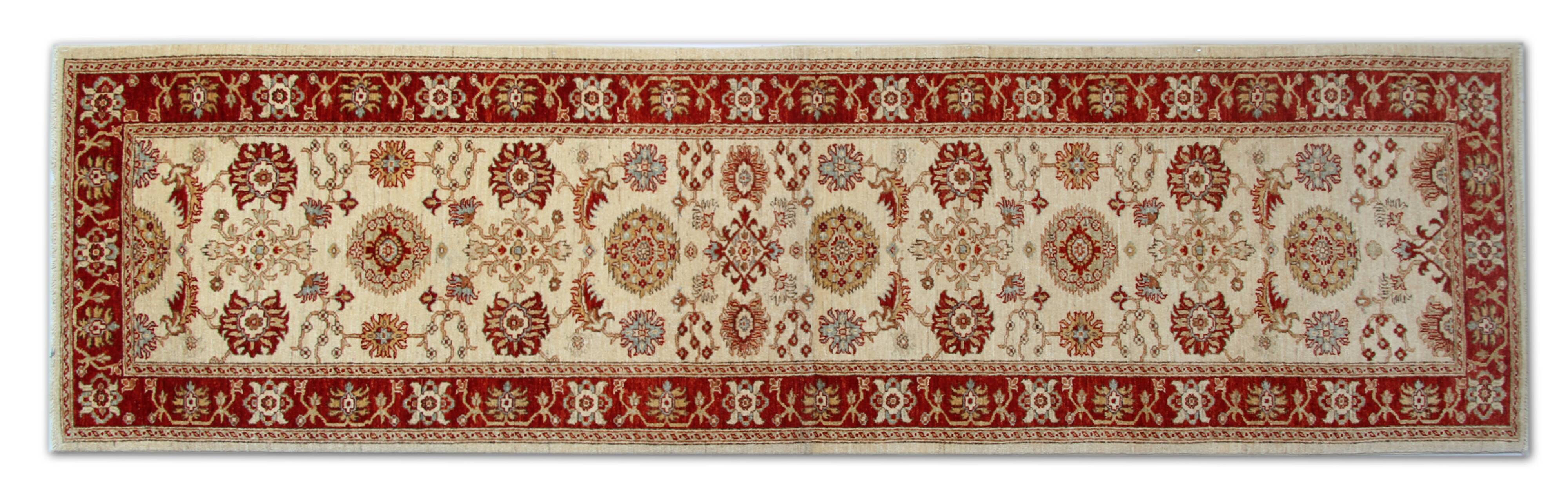 Handmade Cream & Red Wool Runner Rug, Floral Hallway Carpet Stair Runner