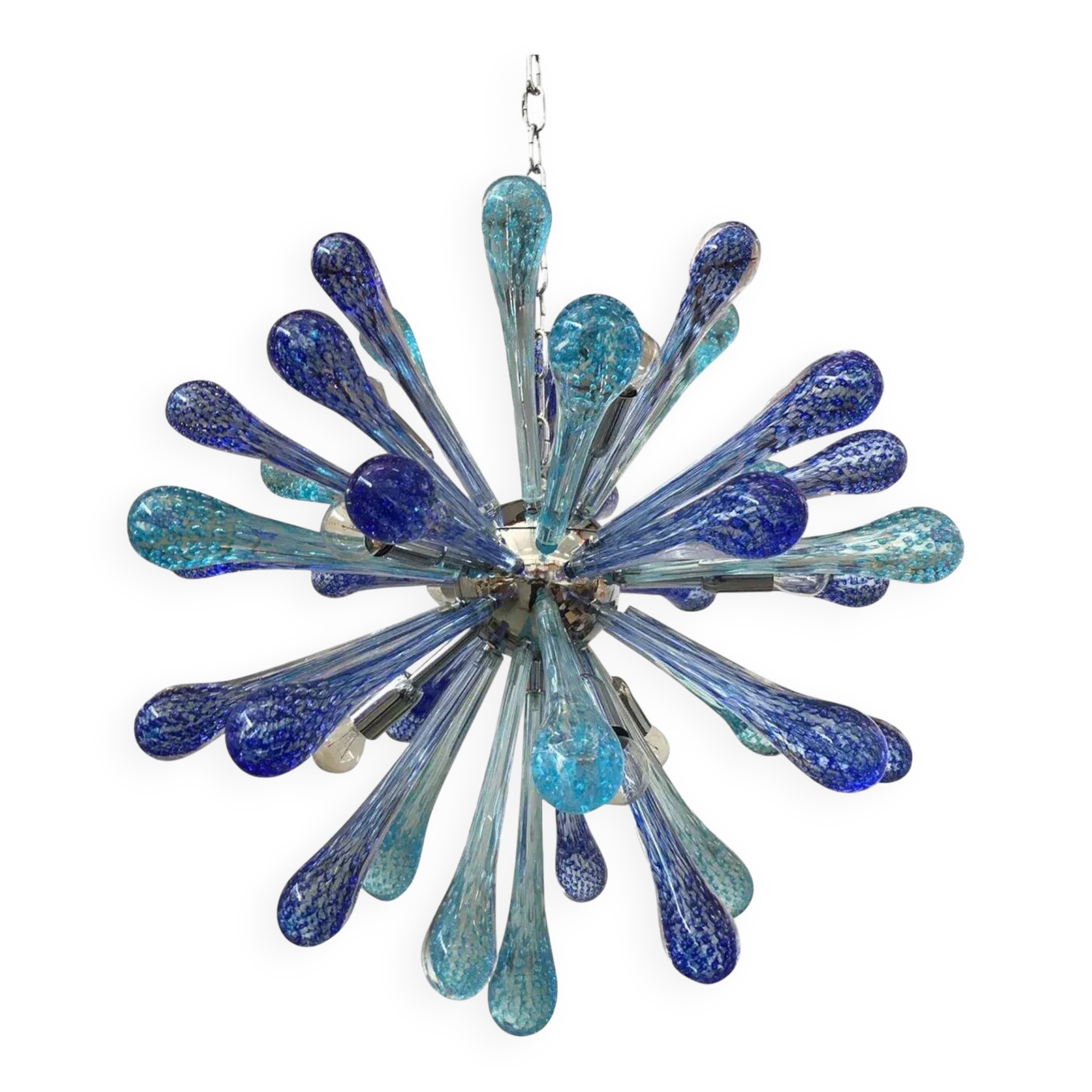 Murano Glass Sputnik Chandelier, Blue Air Drops, with Chromed Metal Frame