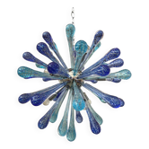 Murano Glass Sputnik Chandelier, Blue Air Drops, with Chromed Metal Frame