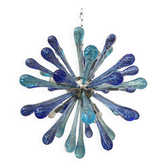 Murano Glass Sputnik Chandelier, Blue Air Drops, with Chromed Metal Frame
