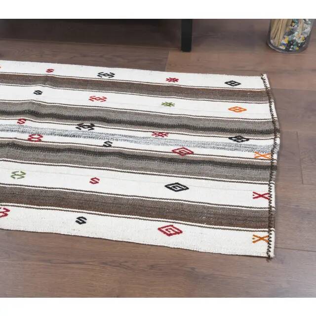 Vintage Turkish Hand-Knotted Wool Cotton White Kilim Runner Rug 65x140