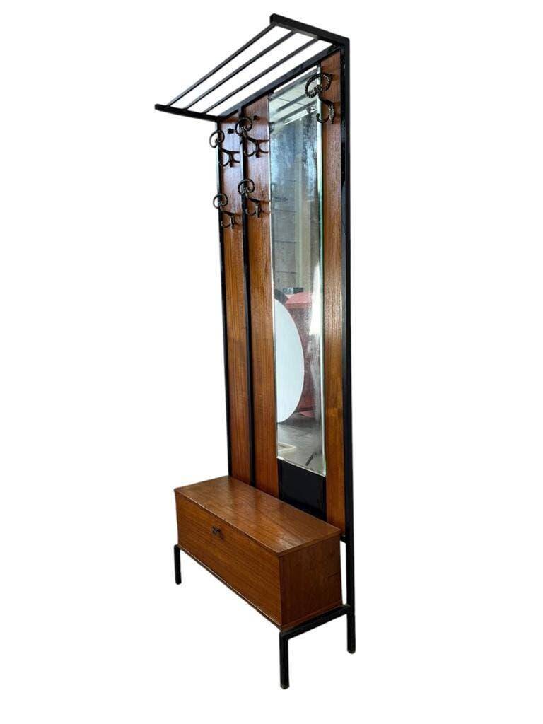 Vintage wooden coat rack with mirror