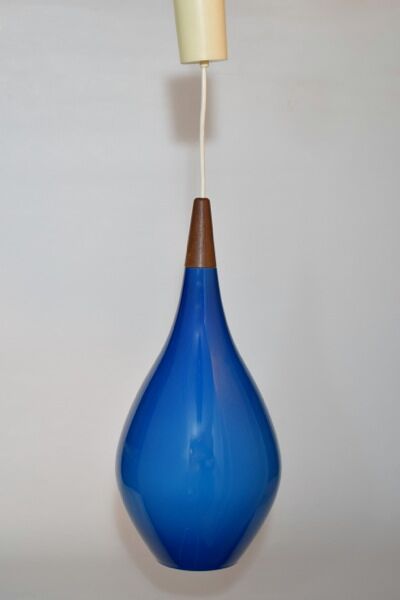 Holmegaard pendant lamp large model in blue blown glass and teak, Denmark, Poulsen