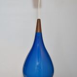 Holmegaard pendant lamp large model in blue blown glass and teak, Denmark, Poulsen