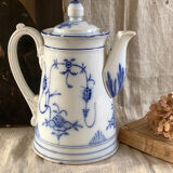 Sarreguemines 19th century white and blue coffee pot and pitcher
