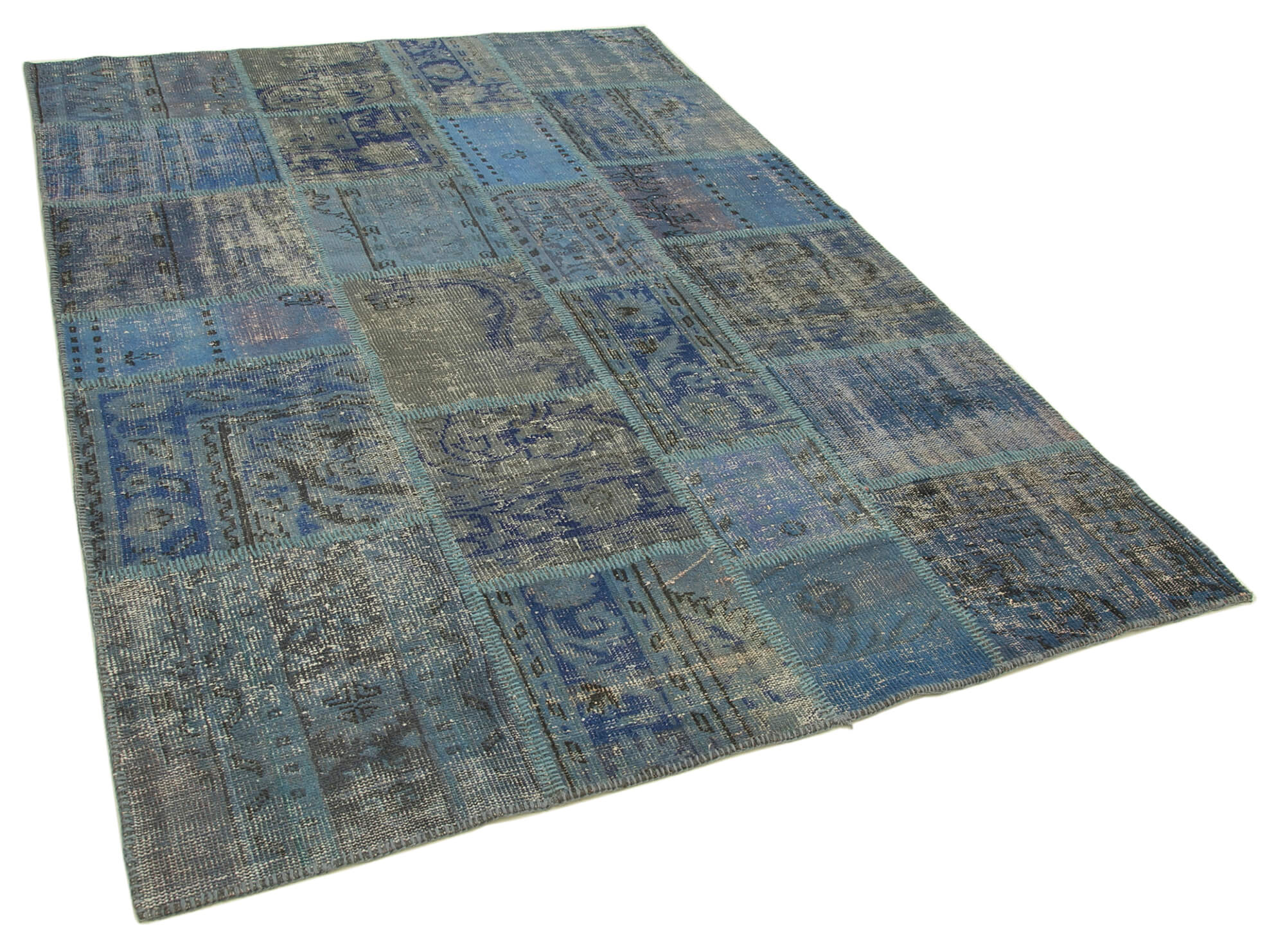 Handwoven oriental vintage 175 cm x 247 cm blue patchwork carpet