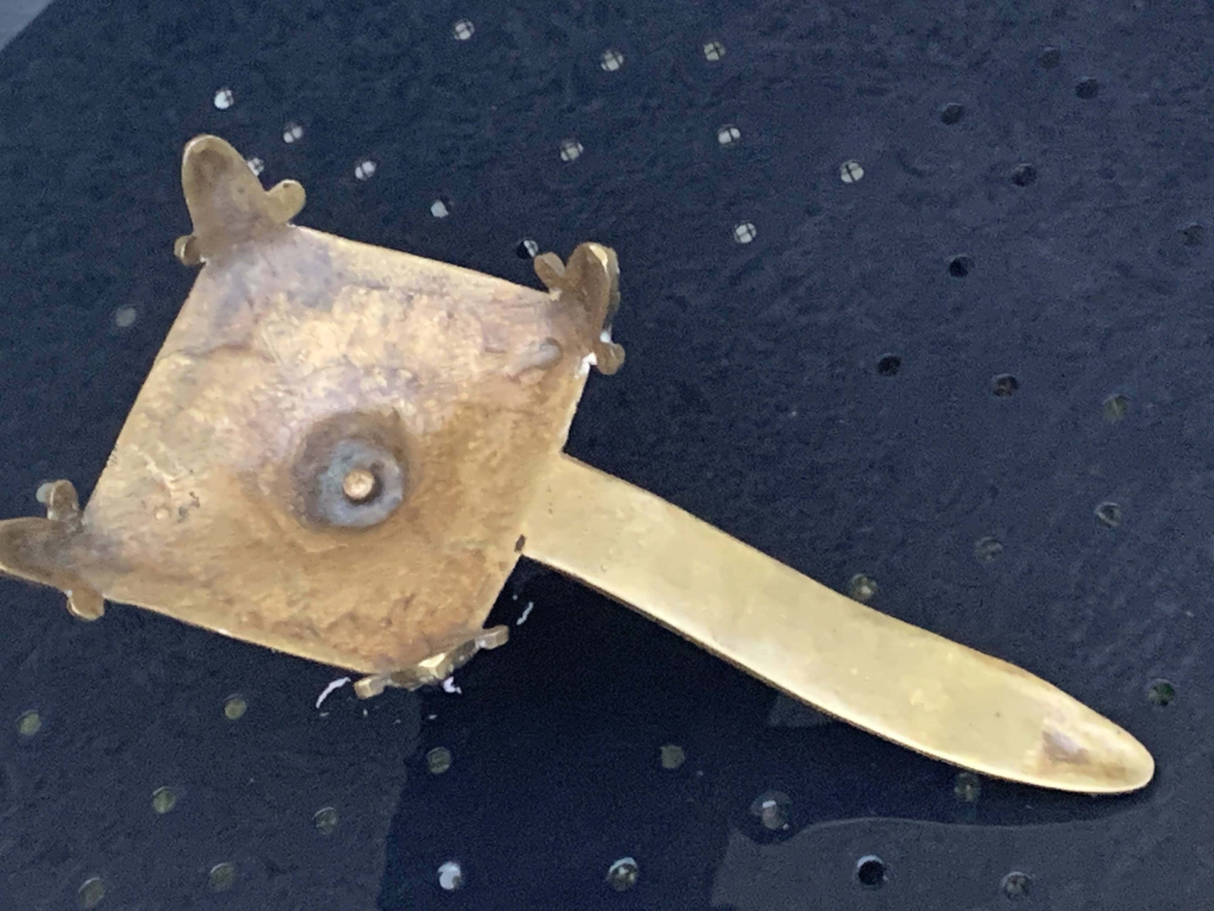 candle holder with handles, in vintage chiseled golden brass
