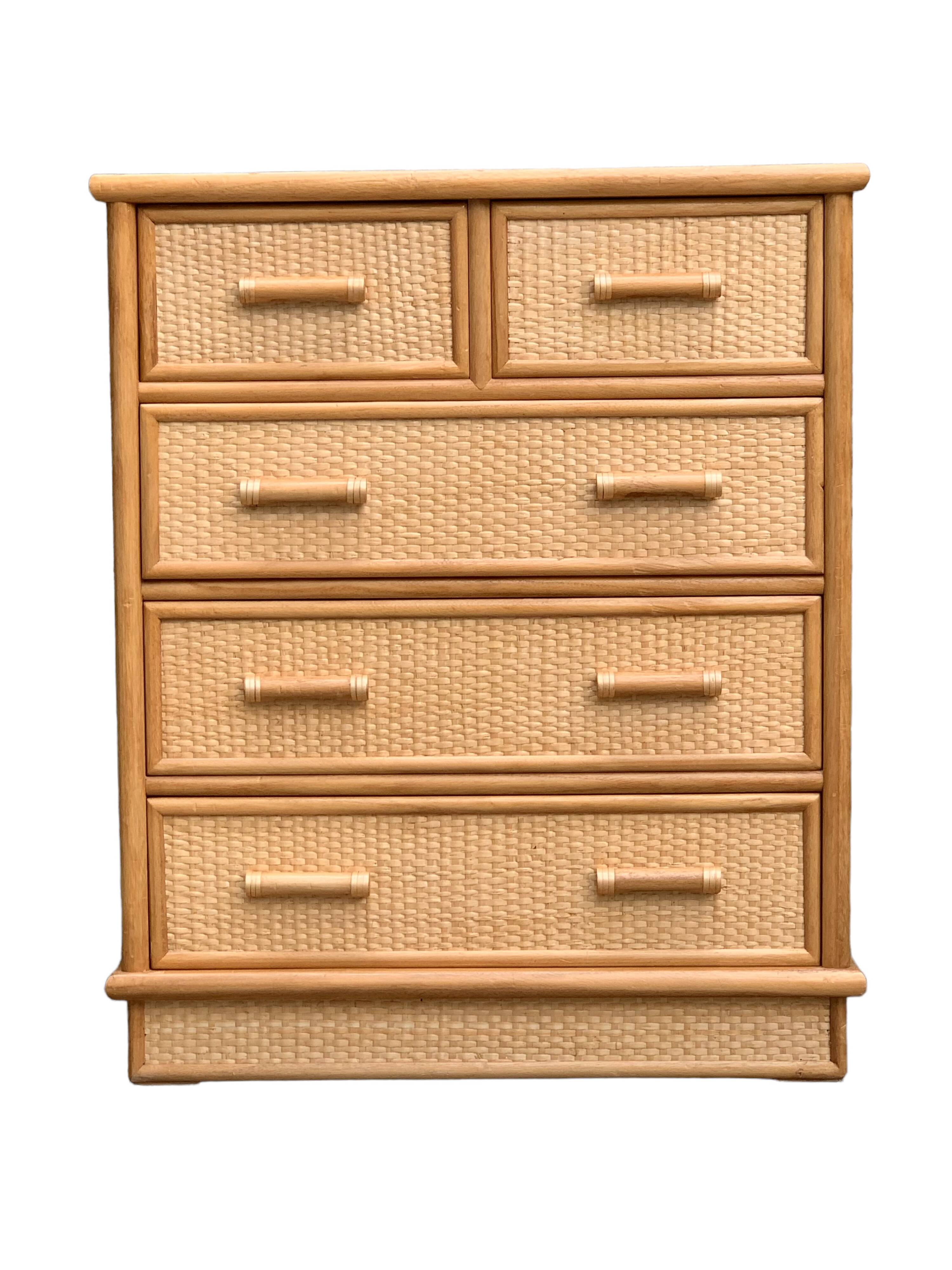 Vintage rattan and woven wicker chest of drawers 1970