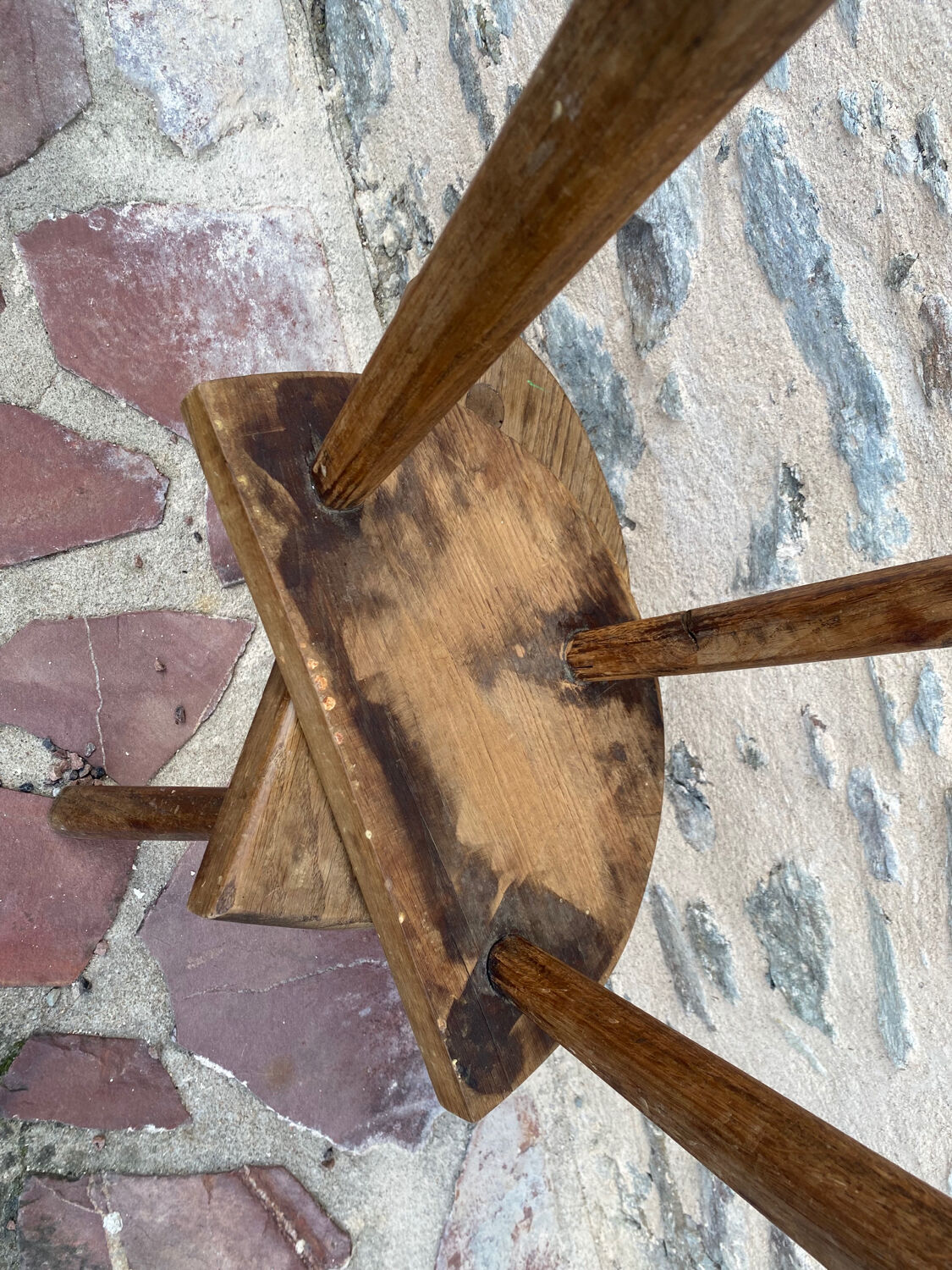 Pair of solid oak truss tripod stools
