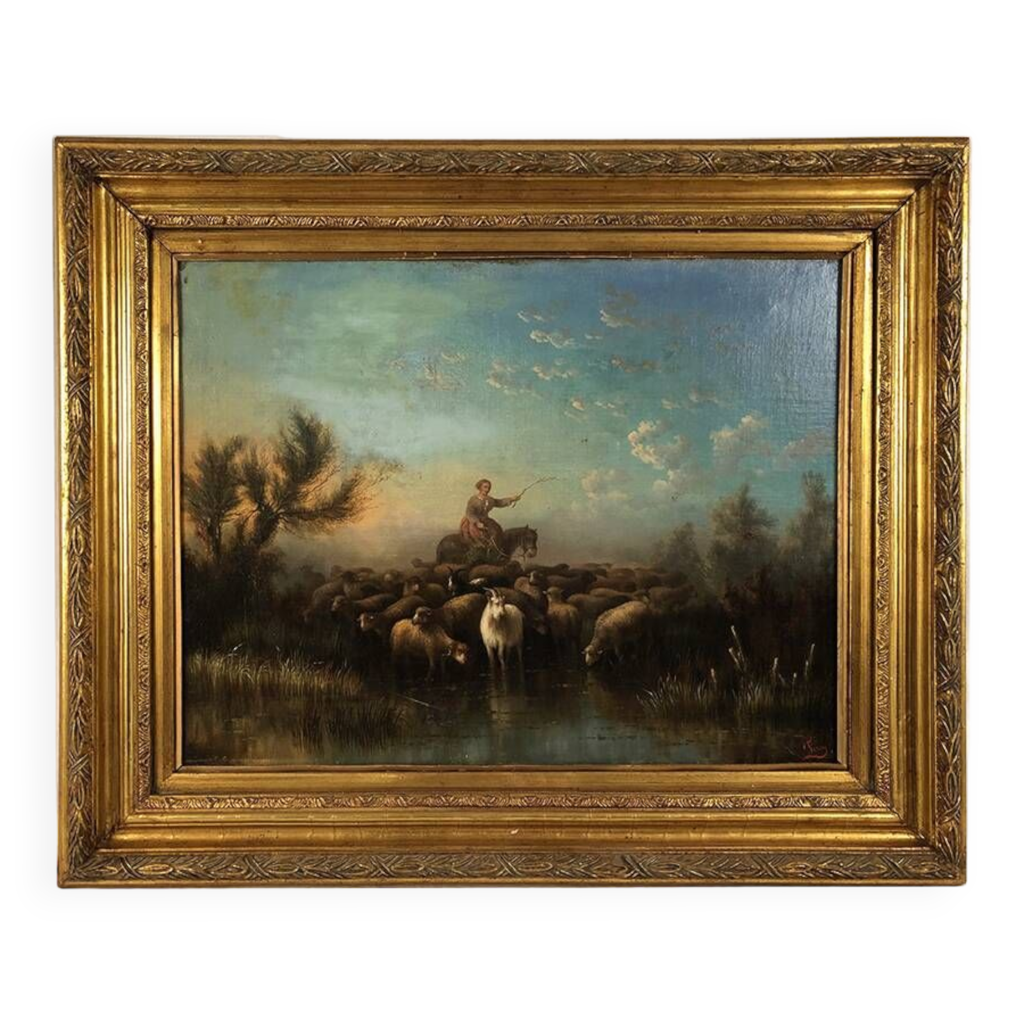 Prosper Ferey, large oil on canvas, “Shepherdess and her flock” mid-19th century