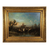 Prosper Ferey, large oil on canvas, “Shepherdess and her flock” mid-19th century