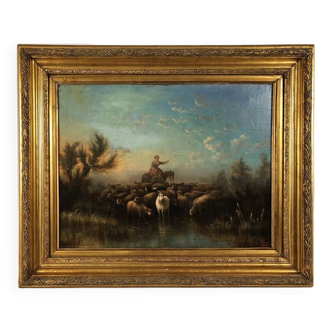 Prosper Ferey, large oil on canvas, “Shepherdess and her flock” mid-19th century