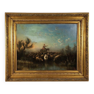 Prosper Ferey, grande huile sur toile, “Bergère et son troupeau” milieu XIXe