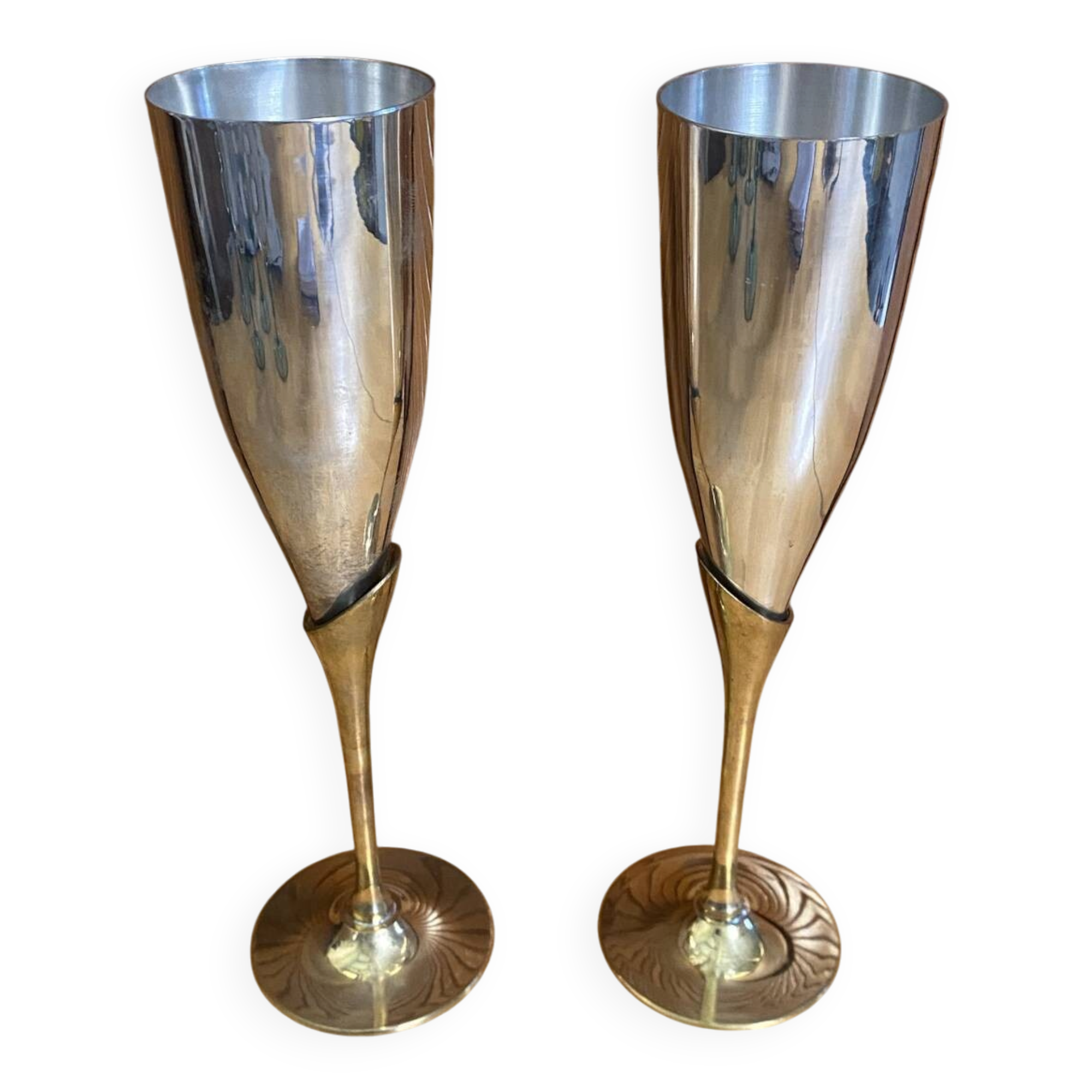 Paire Flûte Champagne Métal Chromé + Doré Vintage #E368