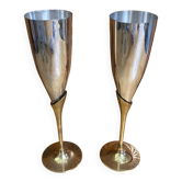 Pair of Vintage Chrome and Gold Metal Champagne Flutes #E368