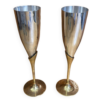 Paire Flûte Champagne Métal Chromé + Doré Vintage #E368