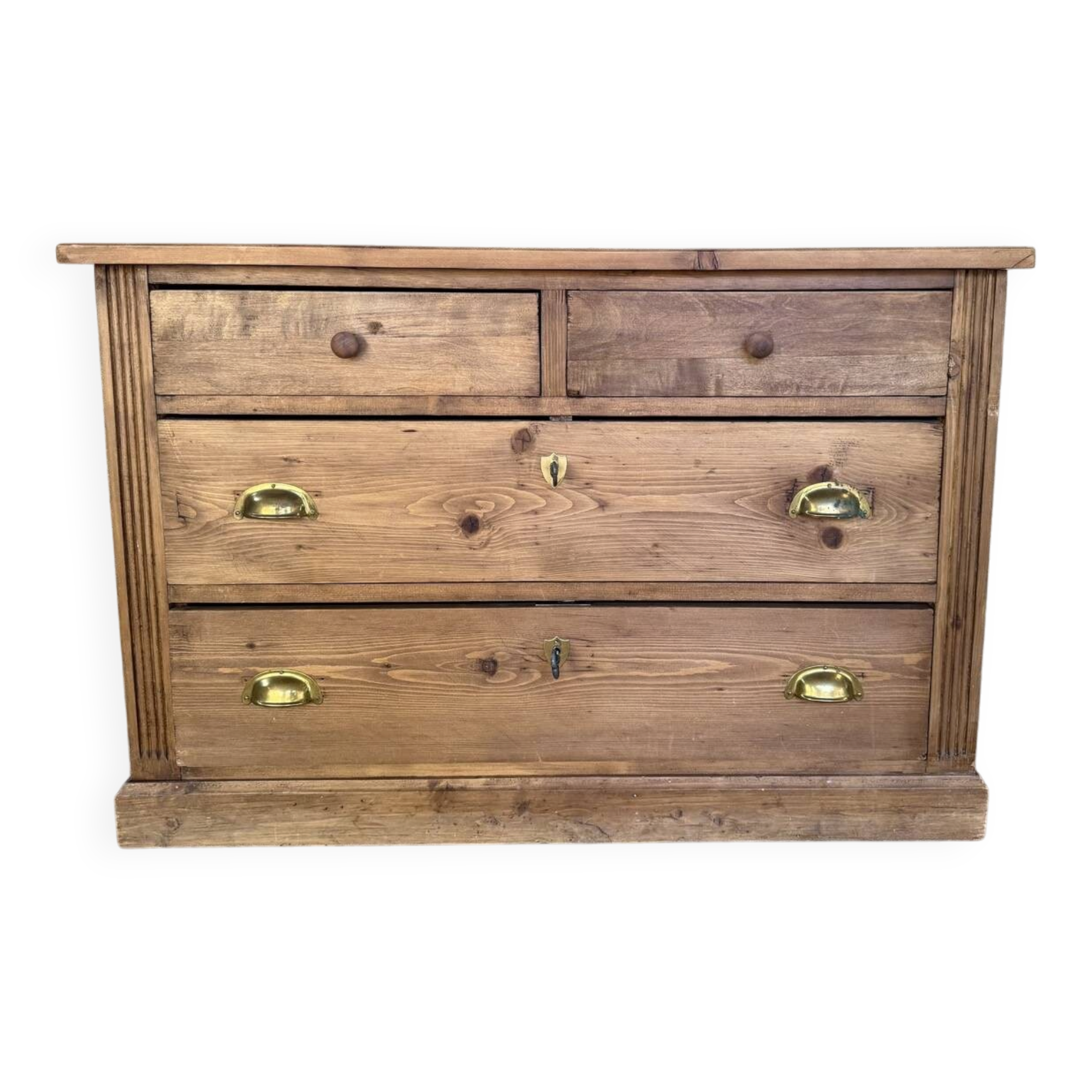 Antique solid wood chest of drawers – 4 drawers – golden brass shell handles