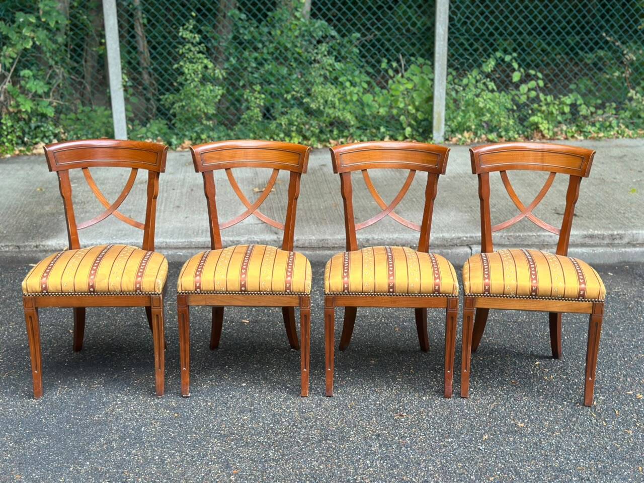 4 Matignon chairs by René Trotel in solid cherry wood and yellow fabric from the 1960s.