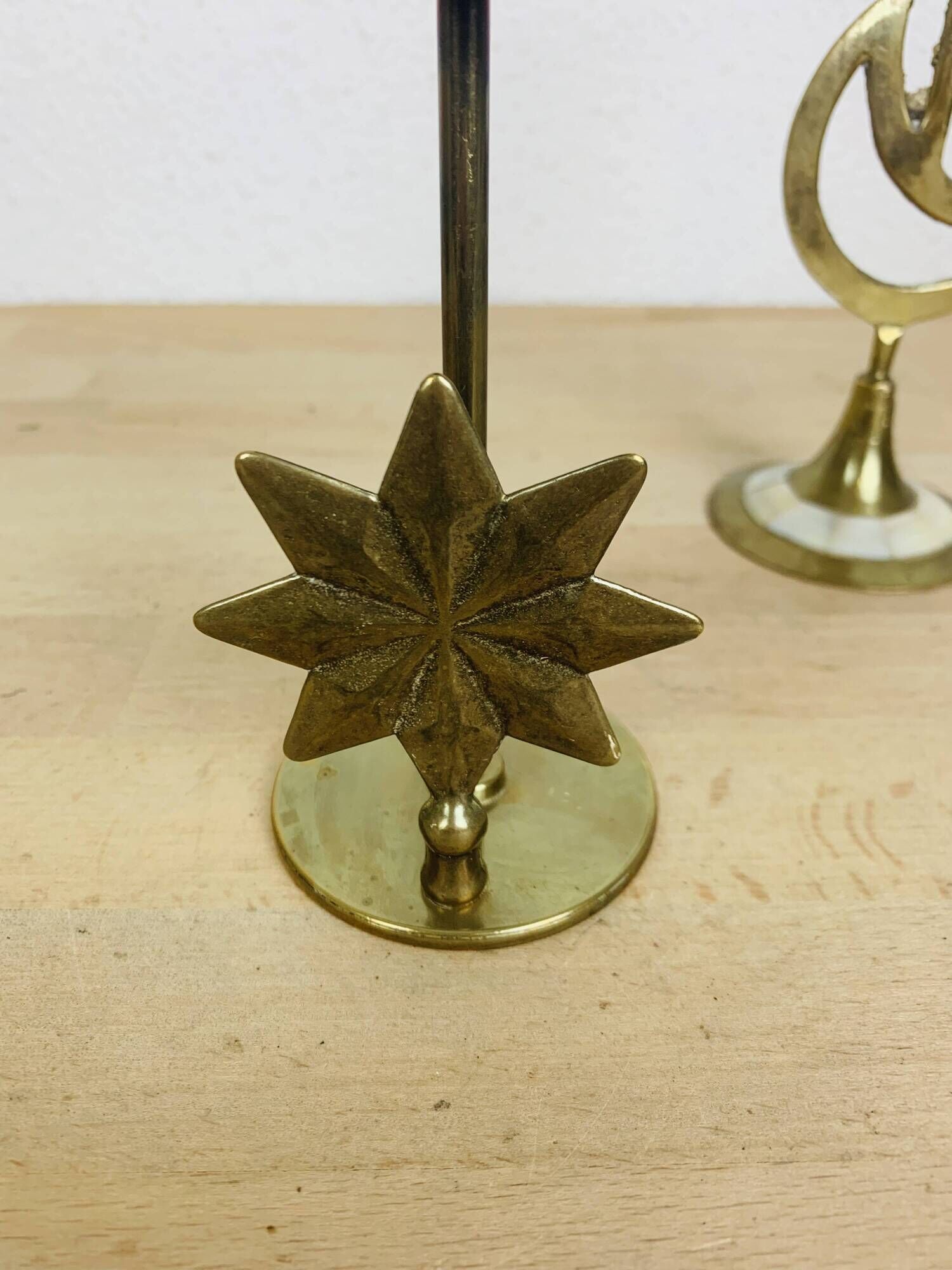 Pair of mother-of-pearl brass candlesticks with moon and sun