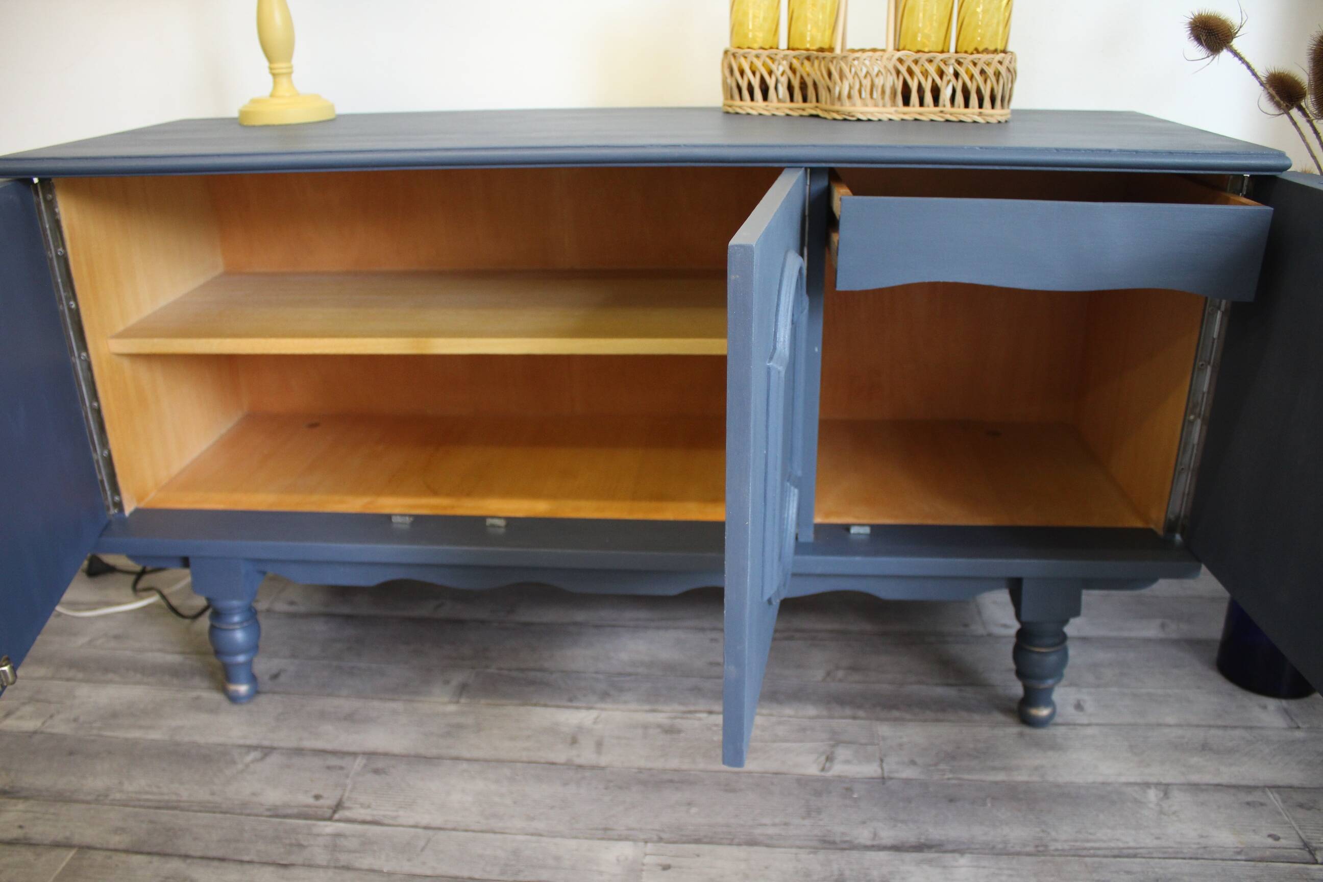 Blue and gold 3-door sideboard