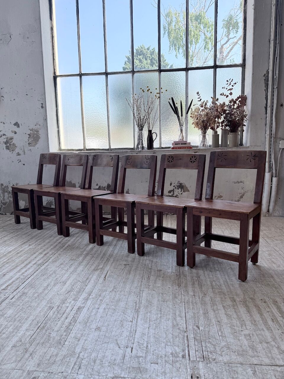 Set of 4 Savoyard pine folk art chairs from the 1950s.