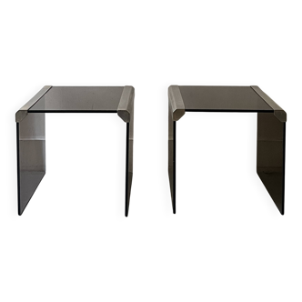 Paire de chevet design métal & verre fum , Roche Bobois 1970
