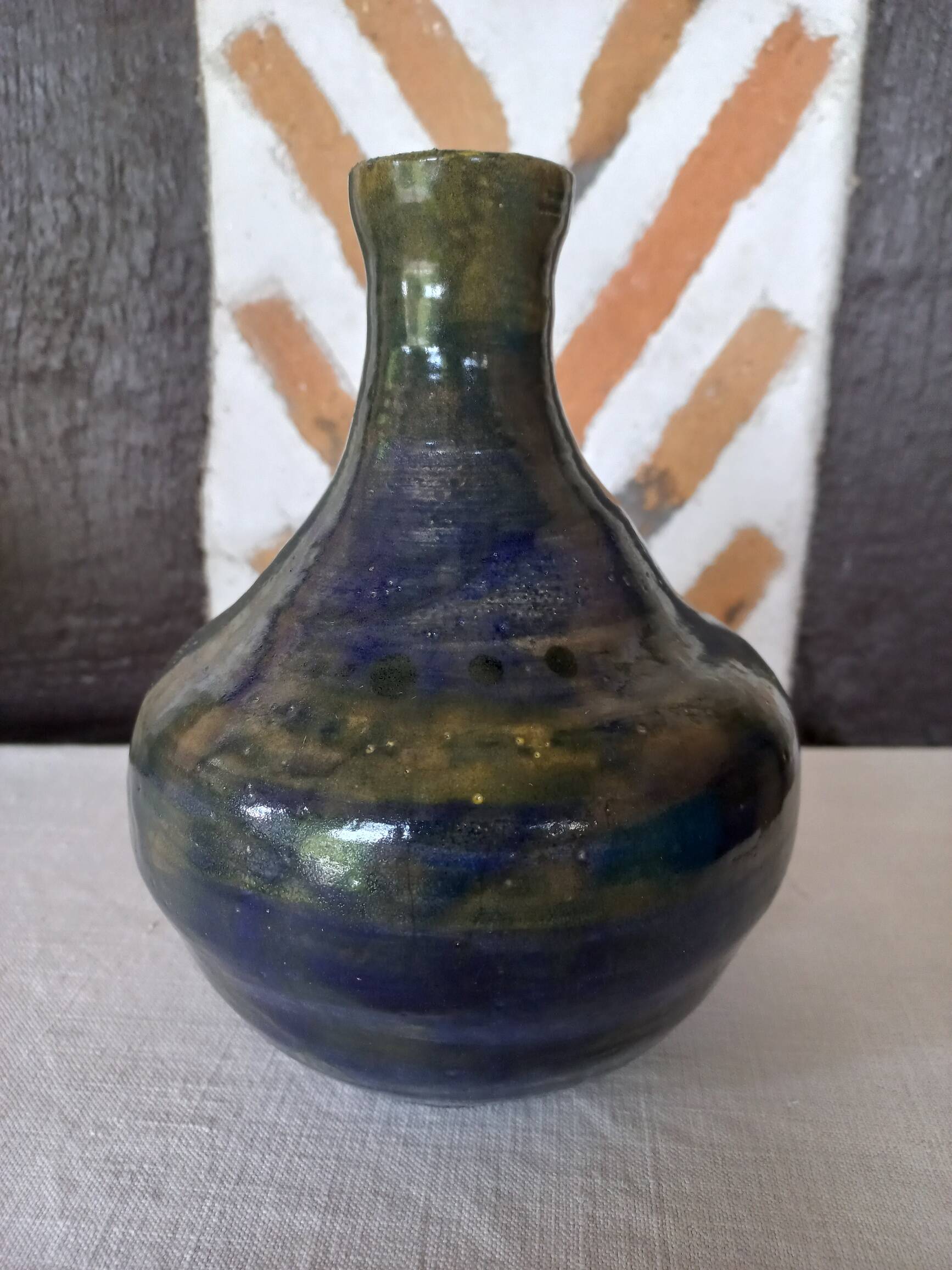 Glazed ceramic vase with blue reflections 1970