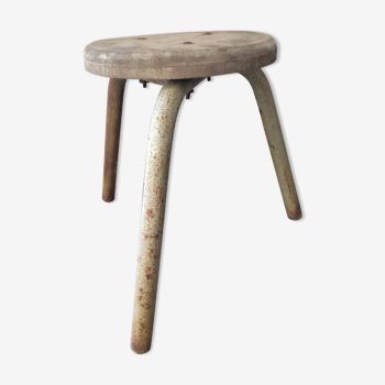 Tabouret acier et bois tripode trepied d'école enfant style Jean Prouvé