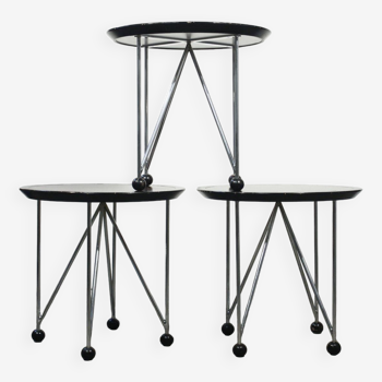 Set of three post modernist side tables with chrome legs 1980s